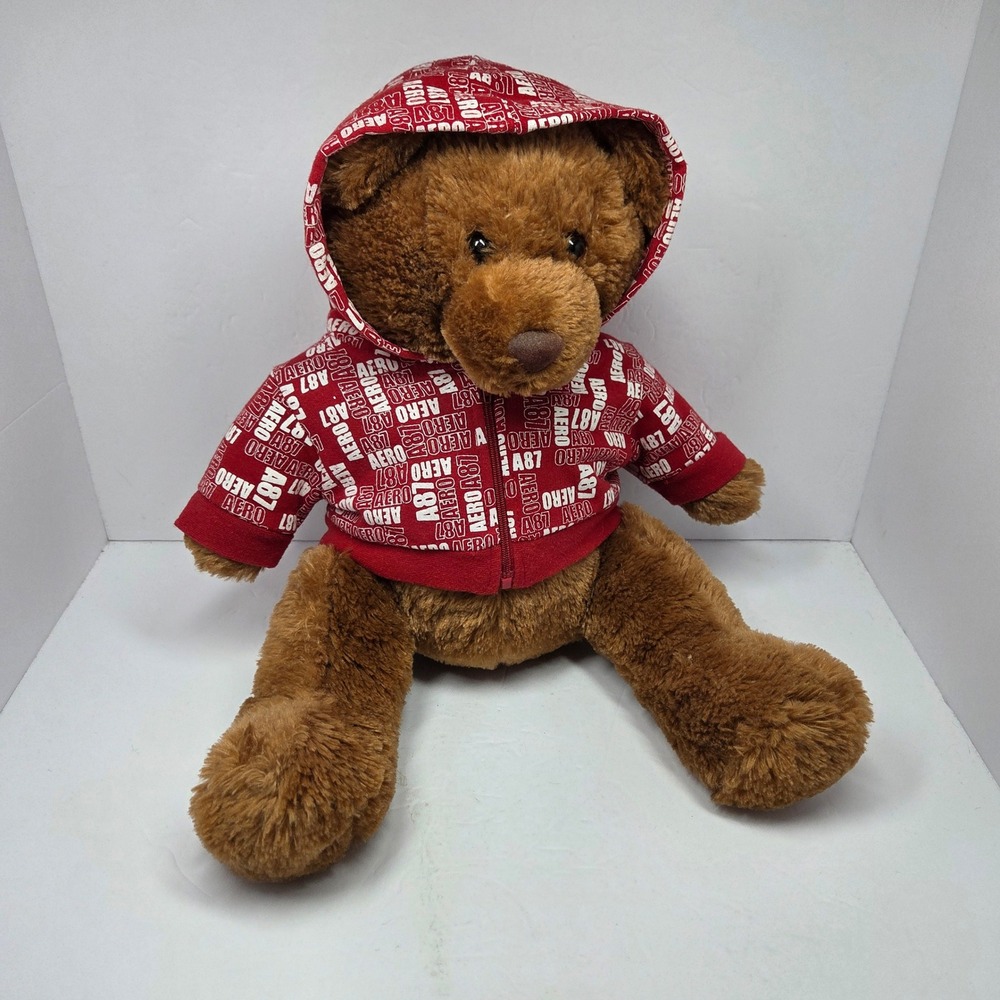 Aeropostale Plush Teddy Bear Brown Red AERO A87 Logo Zip Hoodie 12 inch